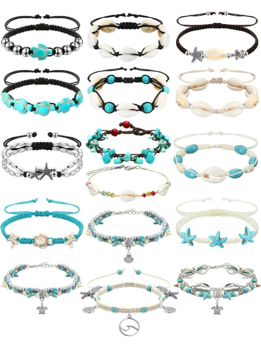 Handmade 16 Pcs Sea Boho Ankle Bracelets, Starfish & Shell Jewelry for Summer